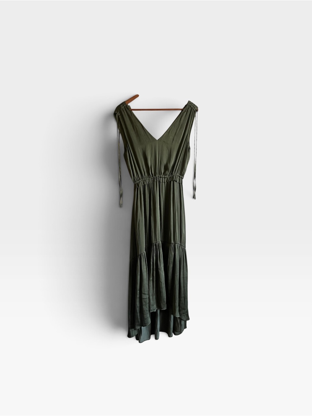 Banana Republic Olive Green V-Neck Tiered Satin Maxi Dress